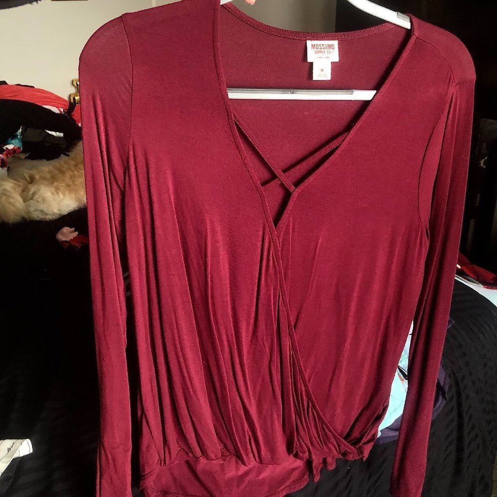 SOLD - Maroon Cross-neck wrap soft long-sleeve